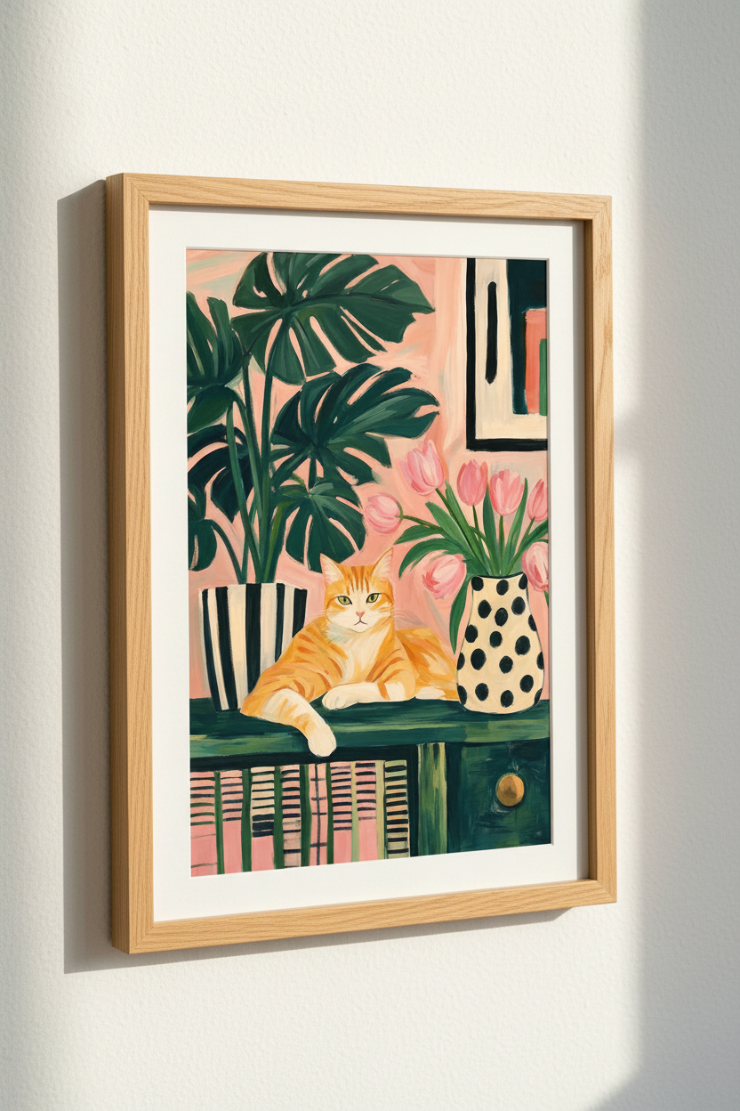 Orange Tabby Cat Wall Art | Pink Floral &amp; Monstera Poster | Maximalist Decor