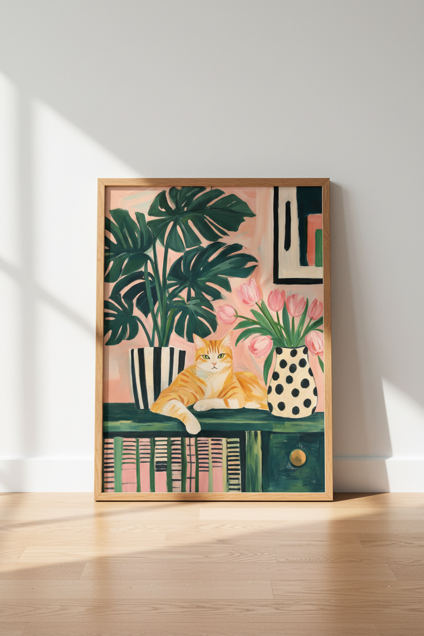 Orange Tabby Cat Wall Art | Pink Floral &amp; Monstera Poster | Maximalist Decor