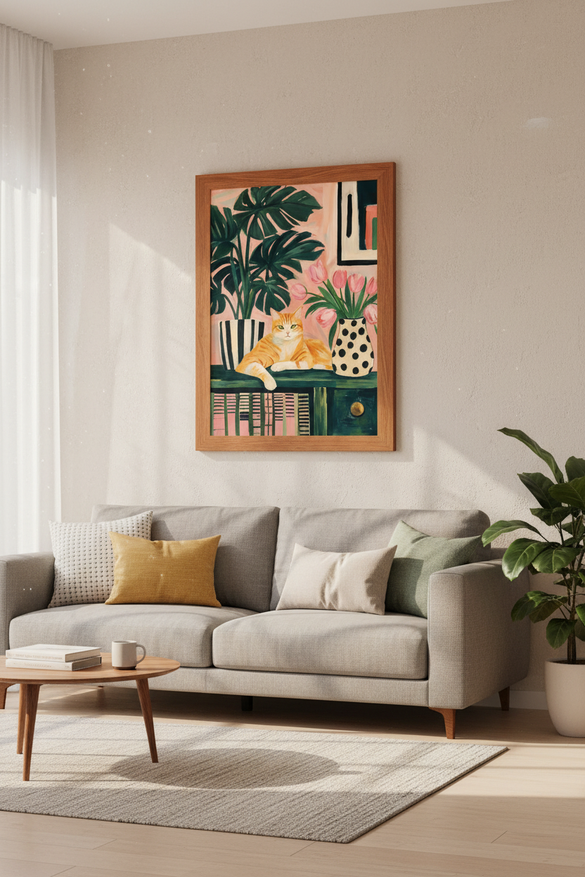 Orange Tabby Cat Wall Art | Pink Floral &amp; Monstera Poster | Maximalist Decor