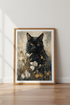 Black Cat Oil Painting | Moody Floral Gold Wall Art | Living Room Decor Poster