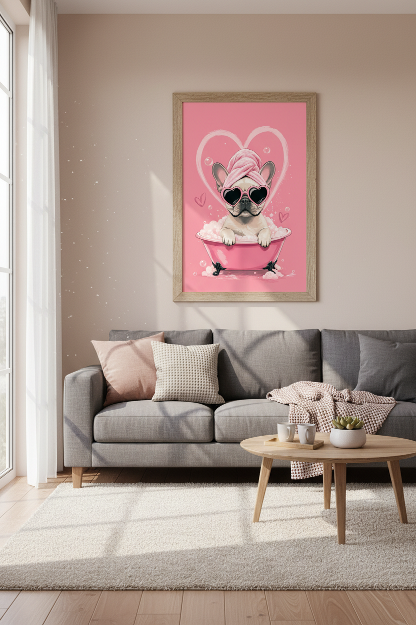 French Bulldog Bath Wall Art | Pink Coquette Style, Fun Bathroom Decor