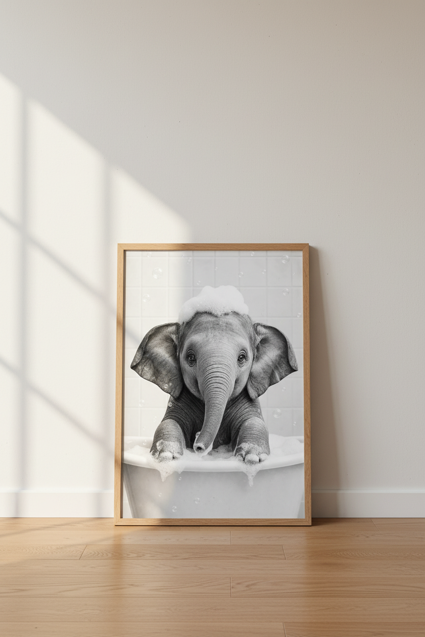Baby Elephant in Bathtub | Black and White Photography, Modern Bathroom Decor