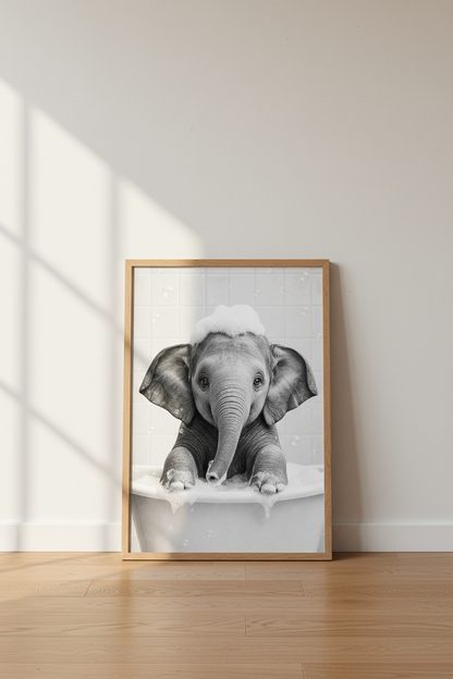 Baby Elephant in Bathtub | Black and White Photography, Modern Bathroom Decor