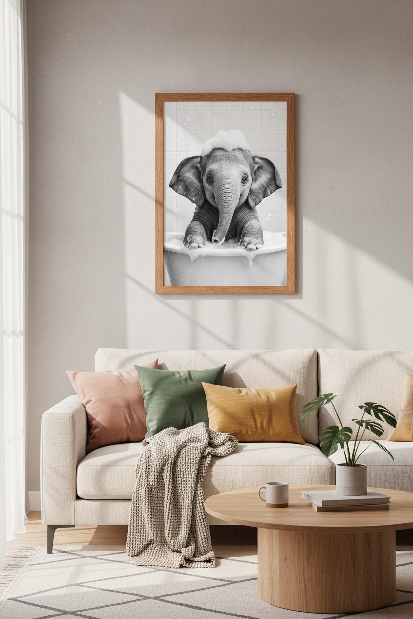 Baby Elephant in Bathtub | Black and White Photography, Modern Bathroom Decor