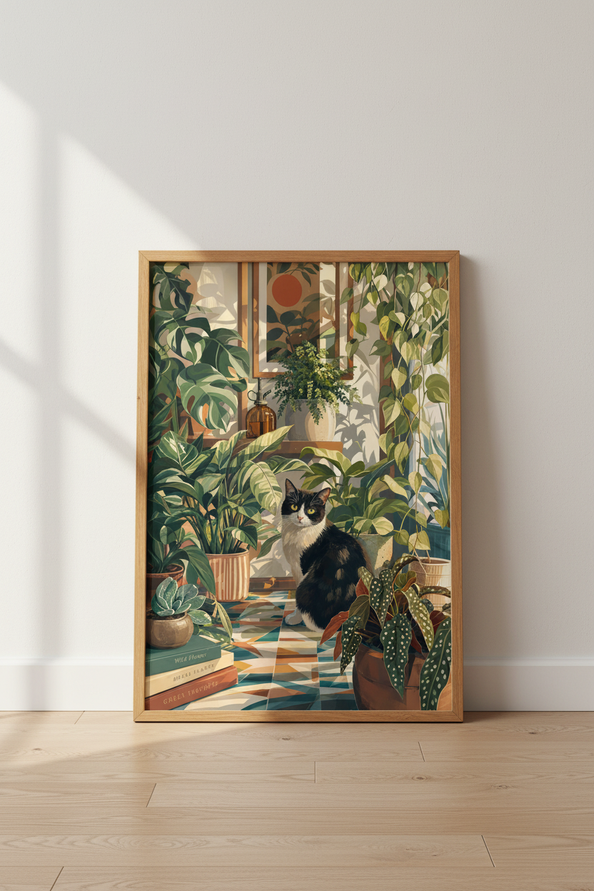 Tuxedo Cat in Sunlit Botanical Garden | Boho Plant Art, Living Room Poster