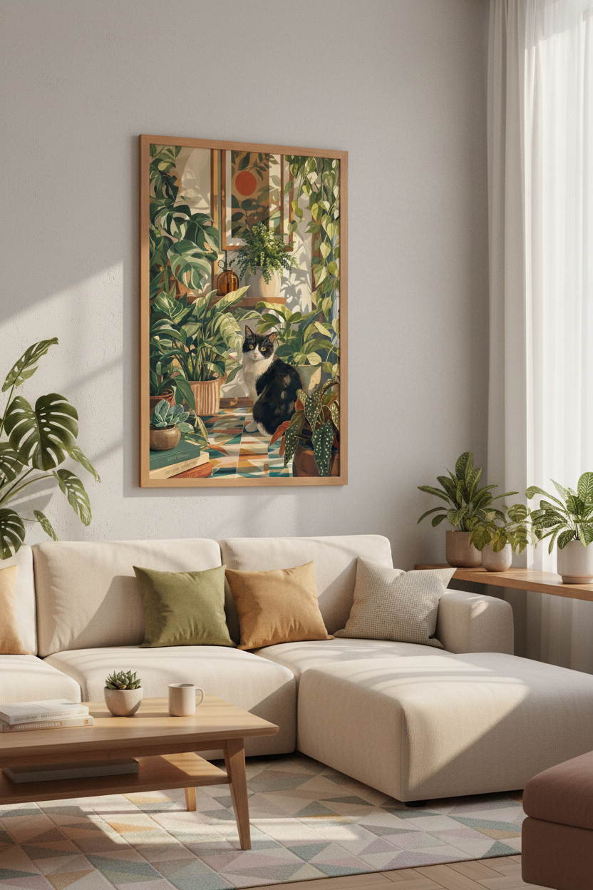Tuxedo Cat in Sunlit Botanical Garden | Boho Plant Art, Living Room Poster