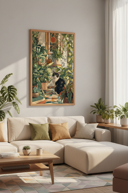 Tuxedo Cat in Sunlit Botanical Garden | Boho Plant Art, Living Room Poster