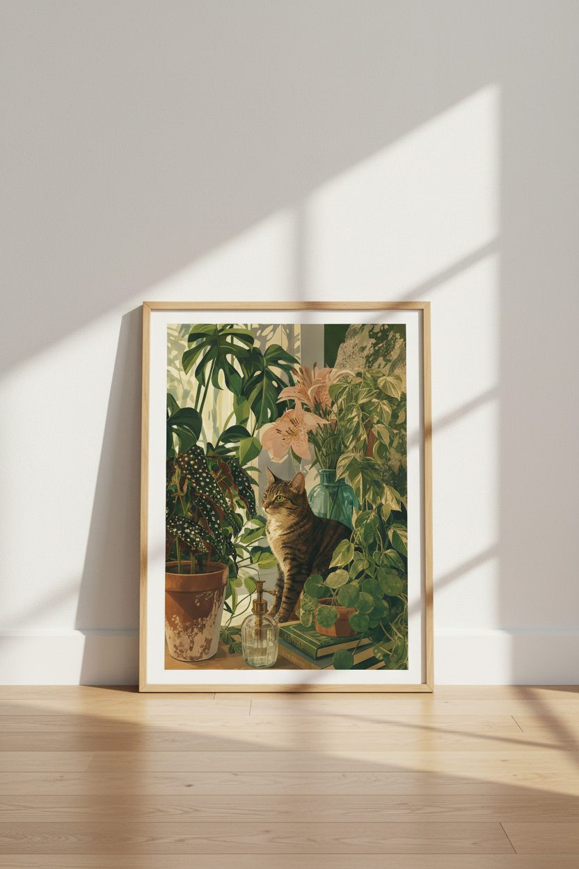 Tabby Cat &amp; Houseplants Wall Art | Botanical Living Room Decor | Boho Poster