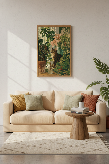 Tabby Cat &amp; Houseplants Wall Art | Botanical Living Room Decor | Boho Poster