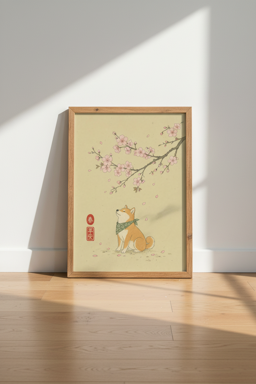 Shiba Inu Cherry Blossom Wall Art | Japanese Ukiyo-e Style, Zen Room Decor
