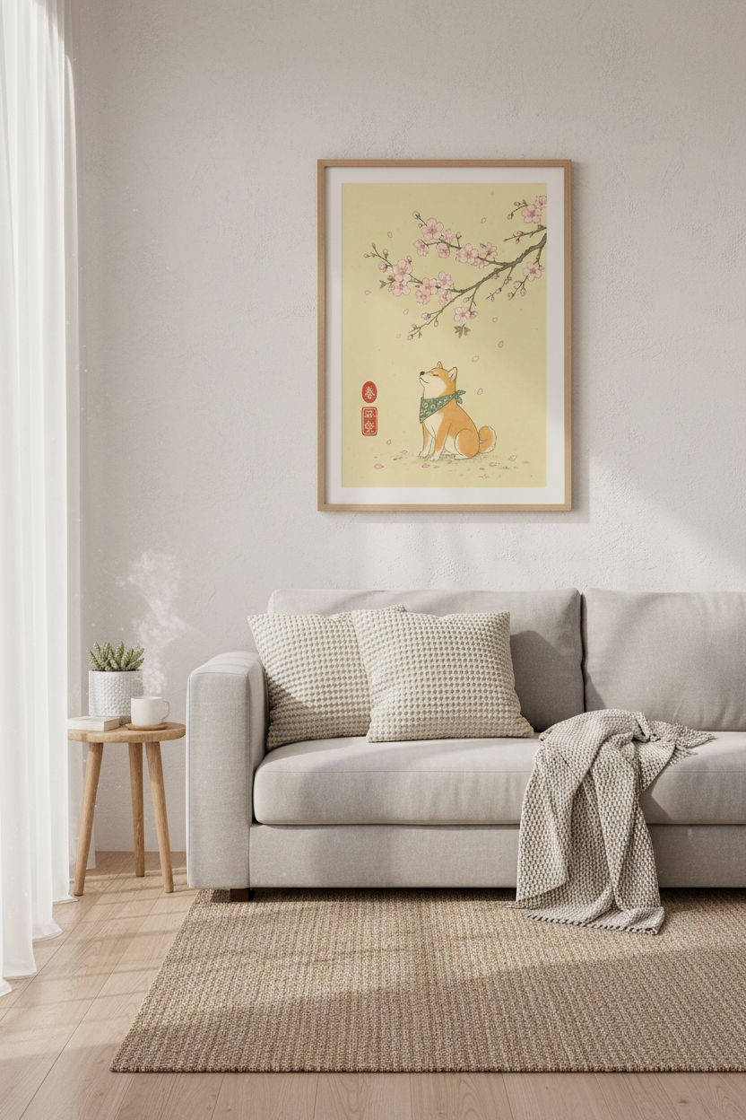 Shiba Inu Cherry Blossom Wall Art | Japanese Ukiyo-e Style, Zen Room Decor