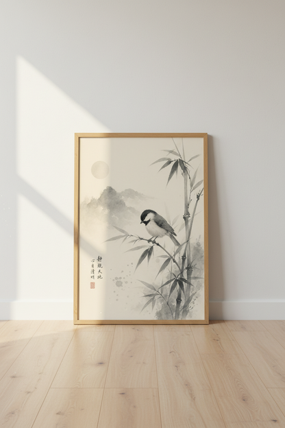 Japanese Bird Bamboo Wall Art Print | Neutral Zen Decor | Sumi-e Poster