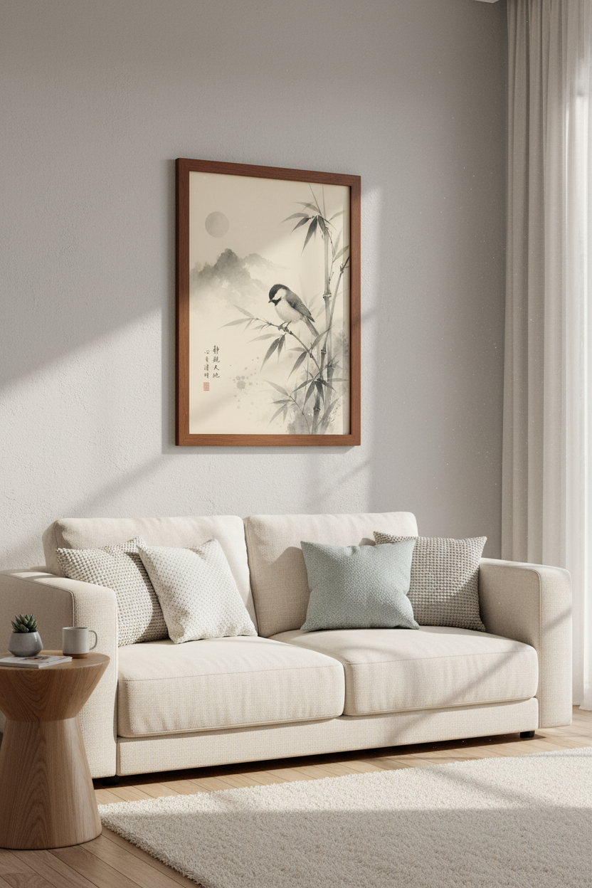 Japanese Bird Bamboo Wall Art Print | Neutral Zen Decor | Sumi-e Poster
