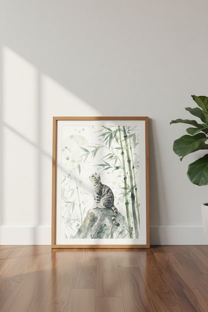 Tabby Cat | Watercolor Bamboo Forest Art, Zen Nature Living Room Poster