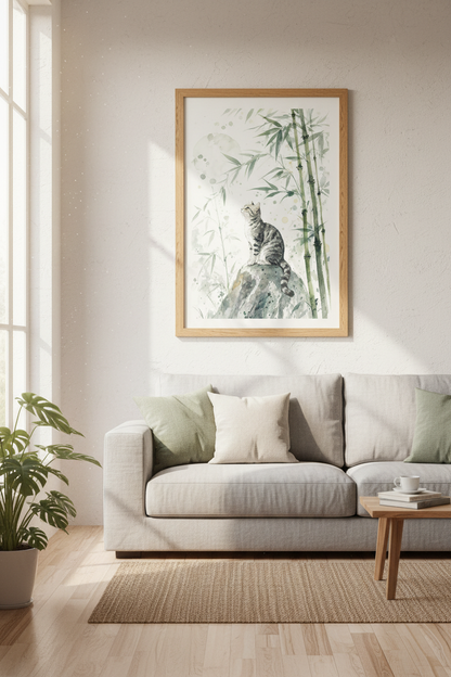 Tabby Cat | Watercolor Bamboo Forest Art, Zen Nature Living Room Poster