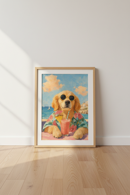 Golden Retriever Beach Wall Art | Funny Dog Poster | Tropical Coastal Decor