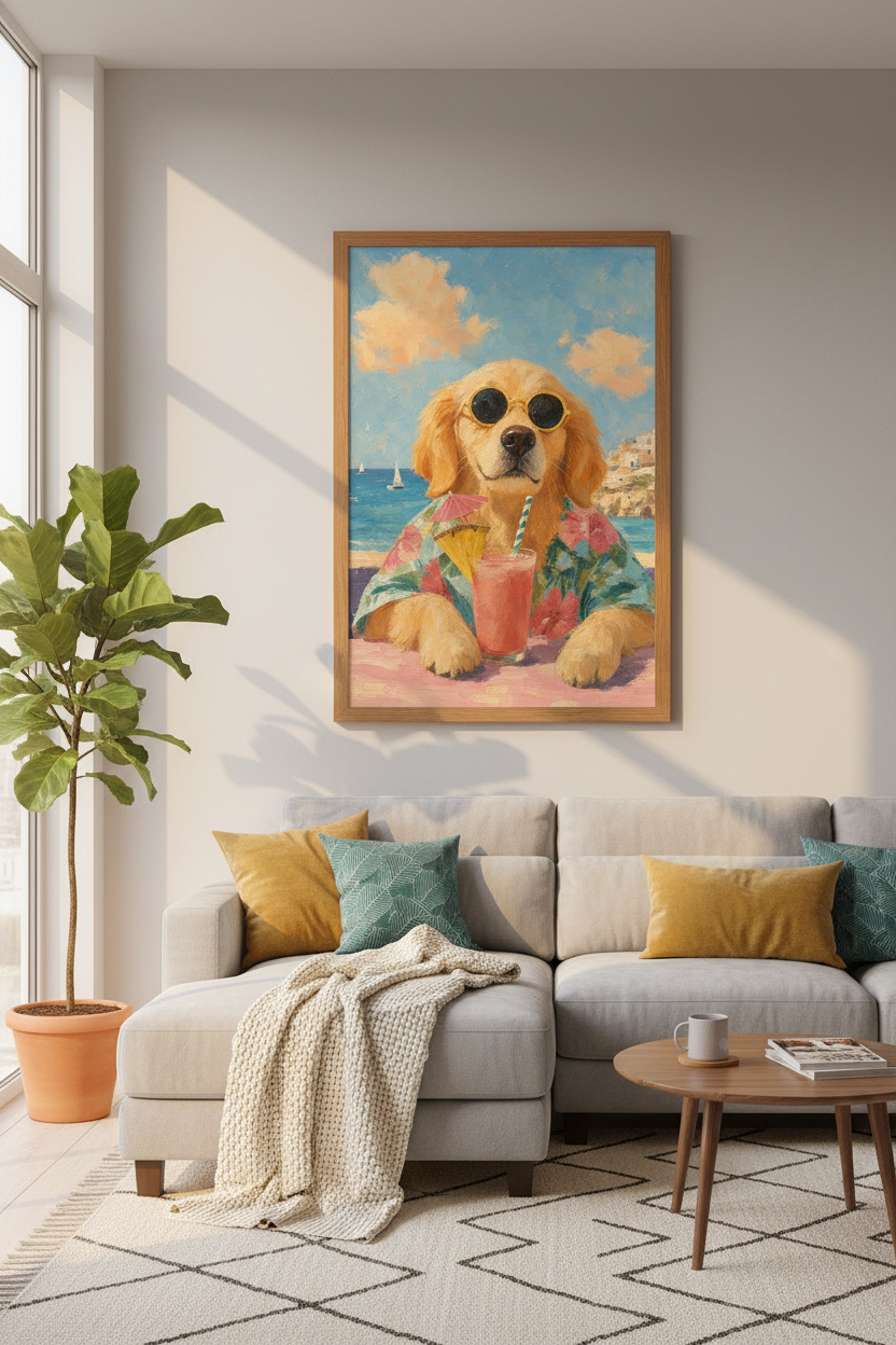 Golden Retriever Beach Wall Art | Funny Dog Poster | Tropical Coastal Decor
