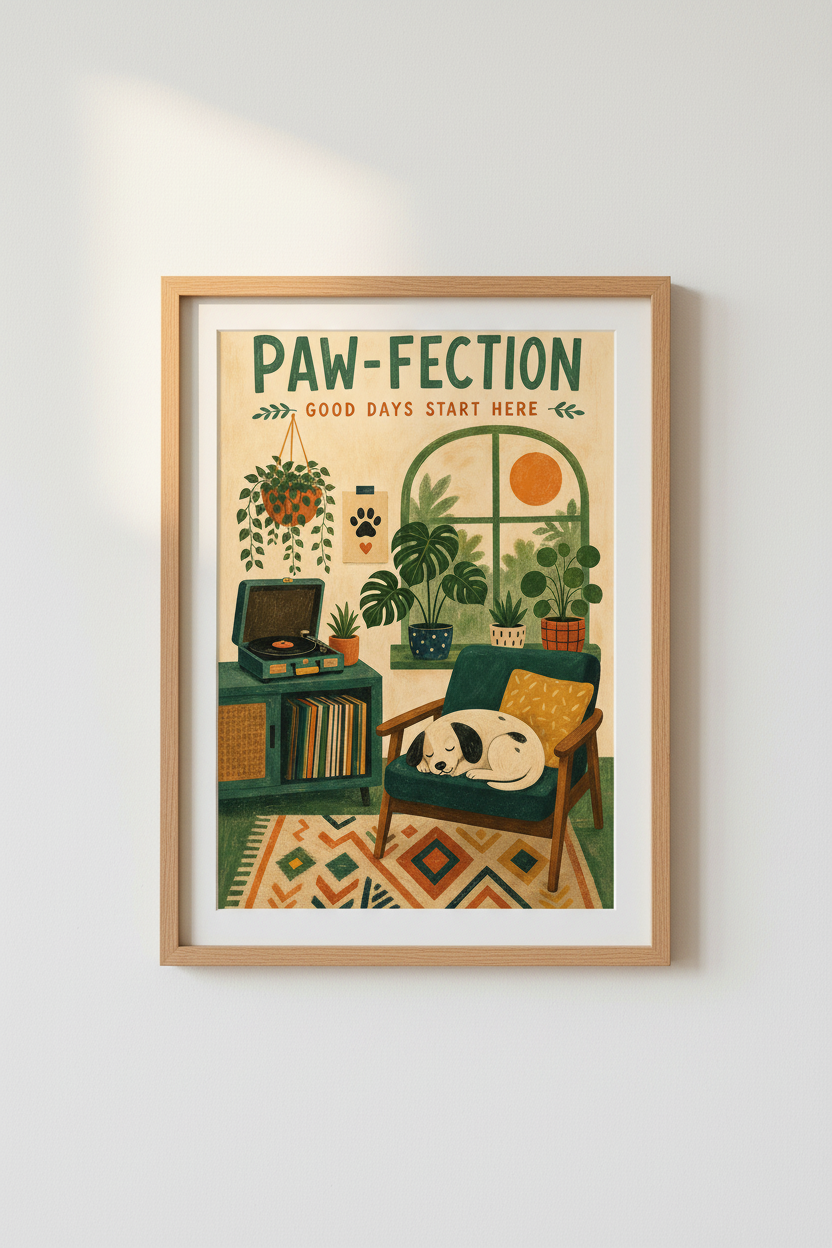 Retro Dog Wall Art Print | Mid-Century Aesthetic, Cozy Home Office Decor
