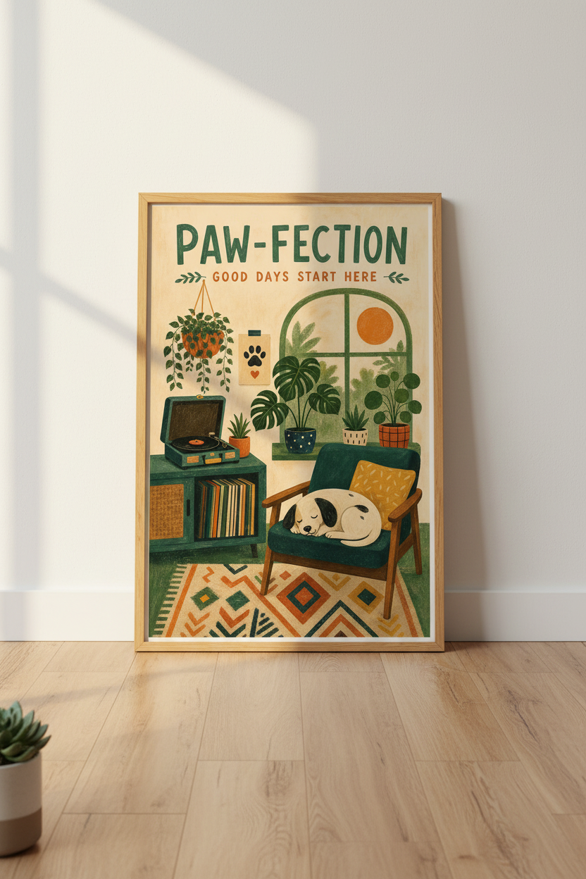 Retro Dog Wall Art Print | Mid-Century Aesthetic, Cozy Home Office Decor