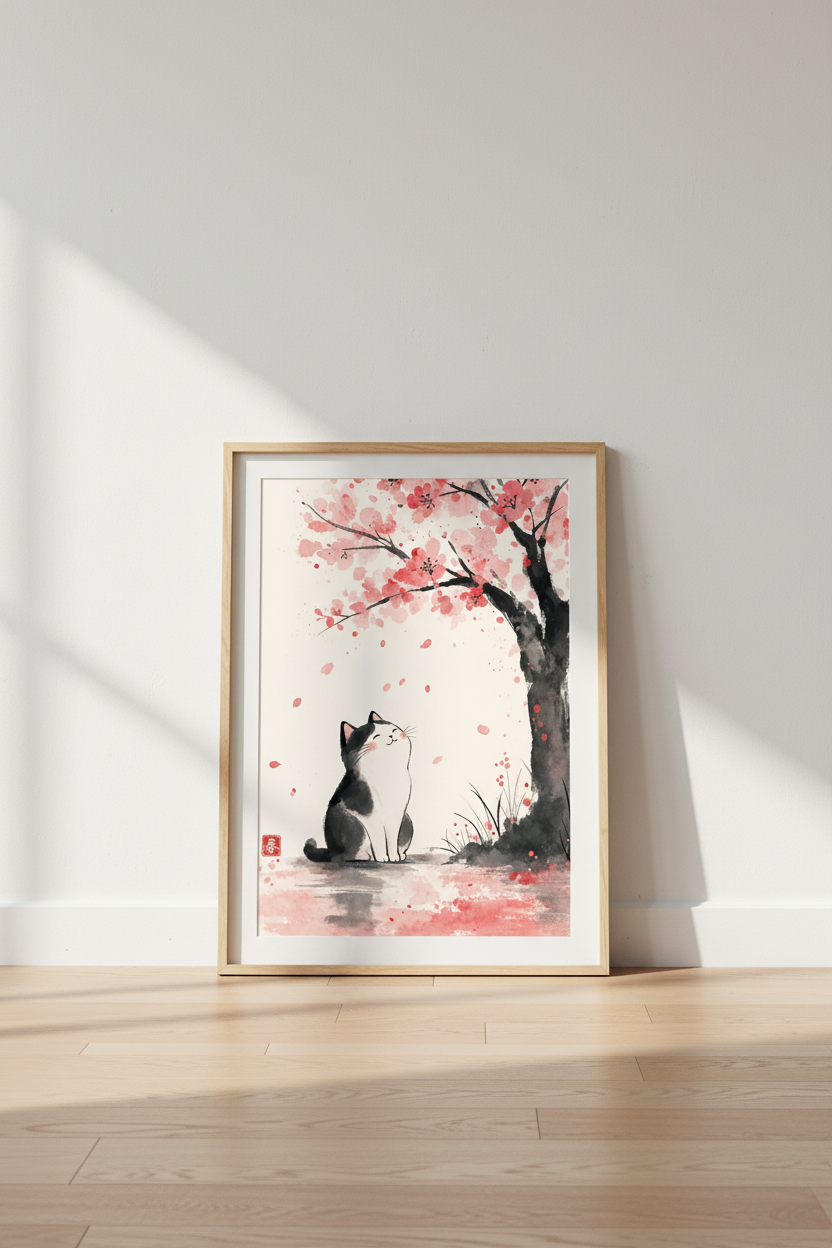 Cat and Cherry Blossom Wall Art | Japanese Ink Wash Style, Zen Pink Home Decor