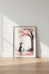 Cat and Cherry Blossom Wall Art | Japanese Ink Wash Style, Zen Pink Home Decor