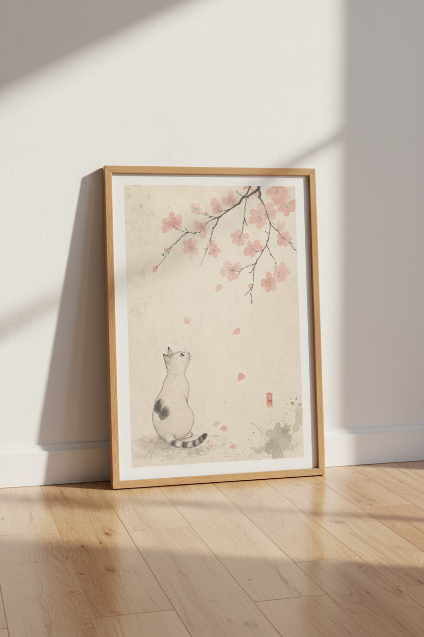 Japanese Cat Cherry Blossom Print | Ink Style Sakura Art, Zen Home Decor Poster