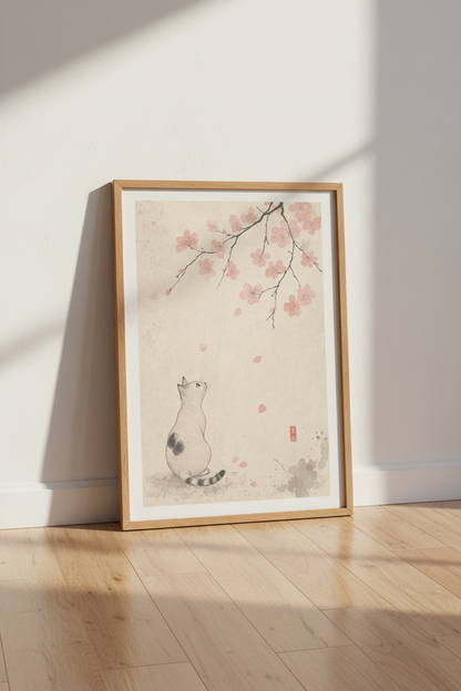 Japanese Cat Cherry Blossom Print | Ink Style Sakura Art, Zen Home Decor Poster