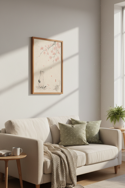 Japanese Cat Cherry Blossom Print | Ink Style Sakura Art, Zen Home Decor Poster