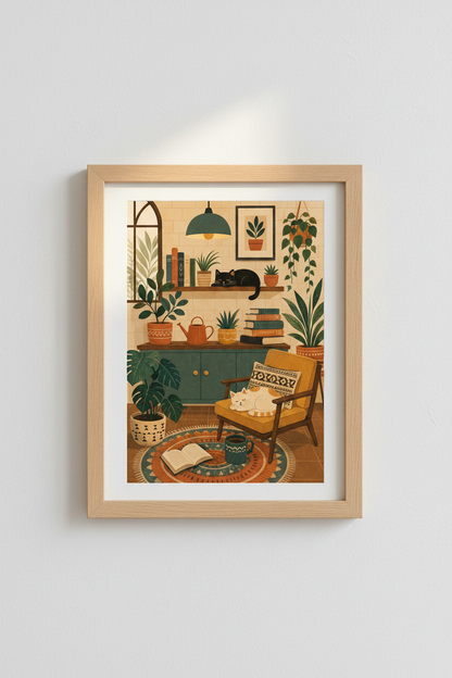 Cozy Cat and Plants Art | Boho Living Room Decor, Aesthetic Houseplant Poster
