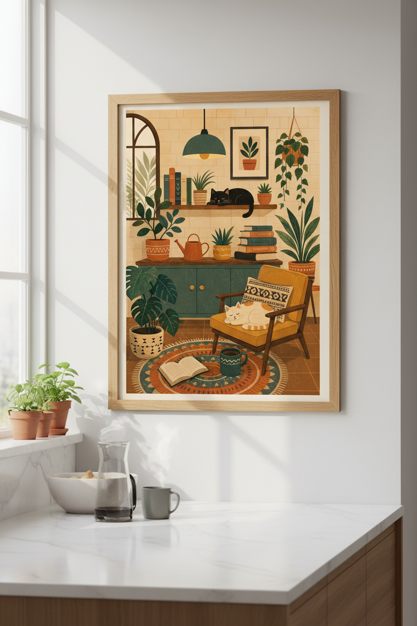Cozy Cat and Plants Art | Boho Living Room Decor, Aesthetic Houseplant Poster
