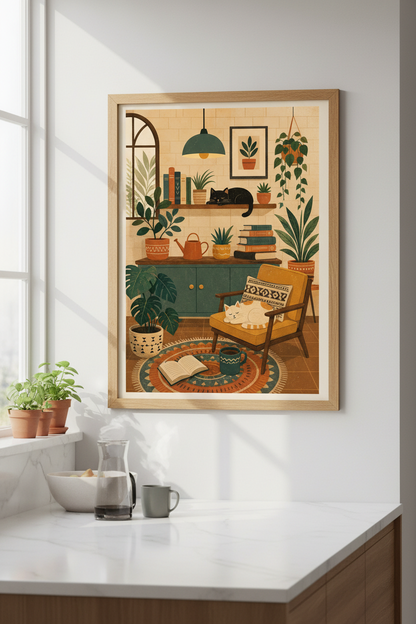Cozy Cat and Plants Art | Boho Living Room Decor, Aesthetic Houseplant Poster