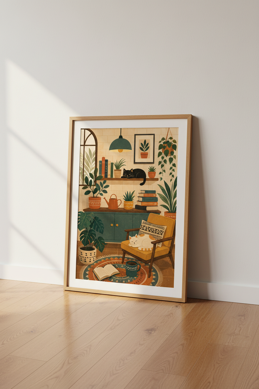Cozy Cat and Plants Art | Boho Living Room Decor, Aesthetic Houseplant Poster