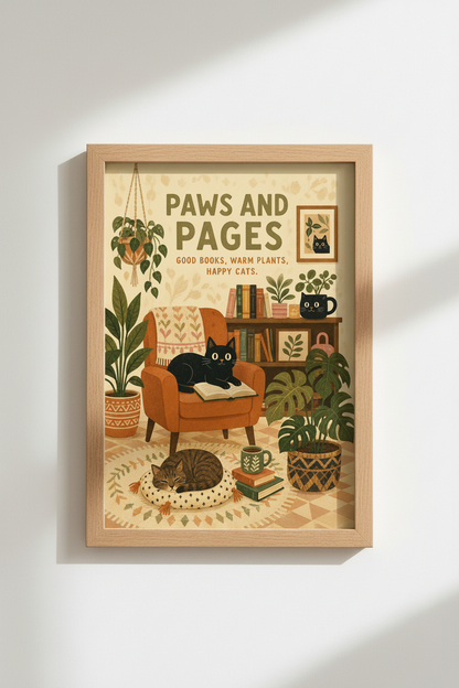 Cat and Book Wall Art Print | Cozy Library Decor | Boho Aesthetic Poster