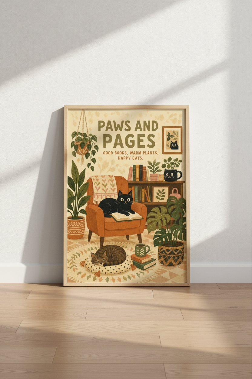 Cat and Book Wall Art Print | Cozy Library Decor | Boho Aesthetic Poster