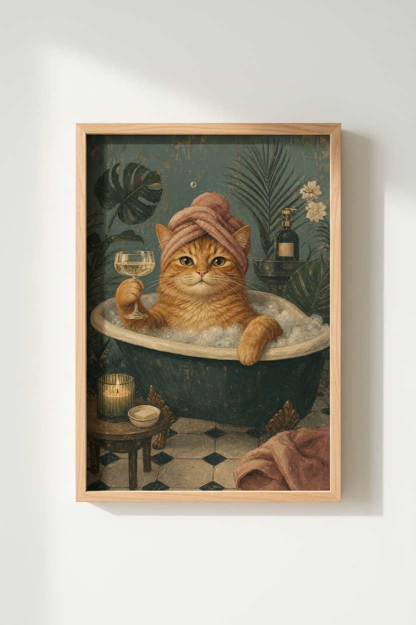 Orange Cat in Bathtub | Funny Bathroom Wall Art, Vintage Aesthetic Poster