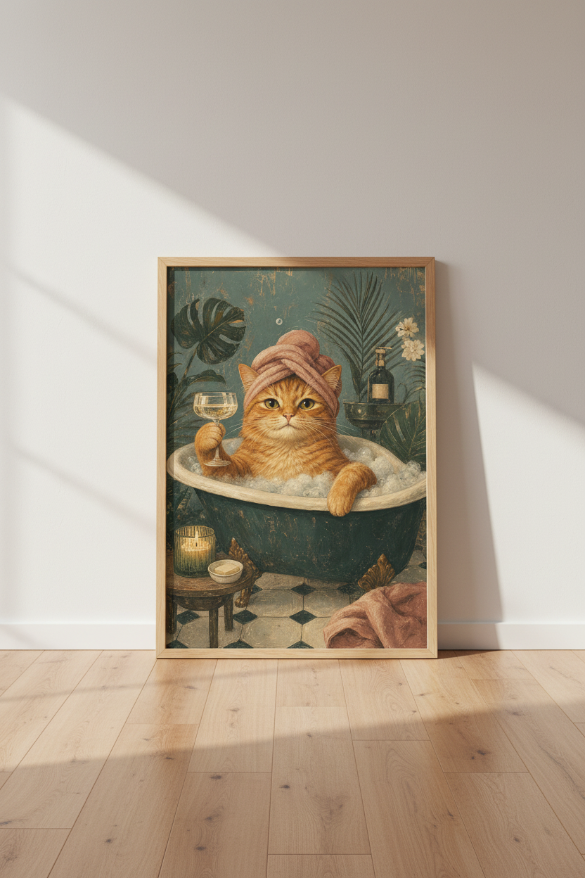 Orange Cat in Bathtub | Funny Bathroom Wall Art, Vintage Aesthetic Poster