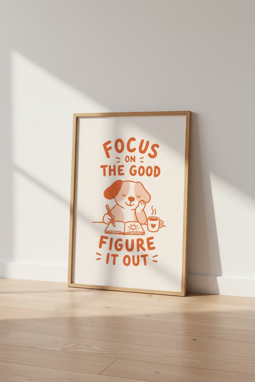 dog wall art | warm orange illustration, cozy living room