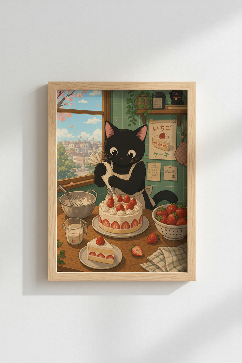 Japanese Cat Art Print | Kawaii Baking Cat, Kitchen Decor | Anime Aesthetic Poster