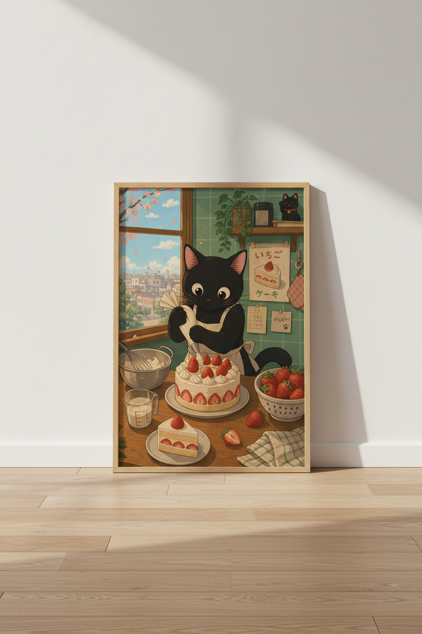 Japanese Cat Art Print | Kawaii Baking Cat, Kitchen Decor | Anime Aesthetic Poster