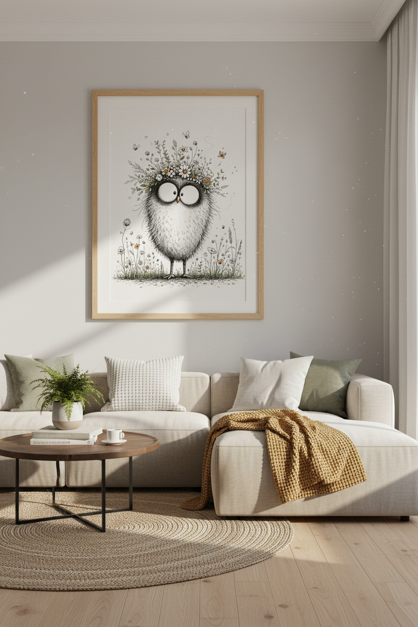 Whimsical Owl with Flower Crown Art | Nursery Wall Decor | Funny Bird Poster