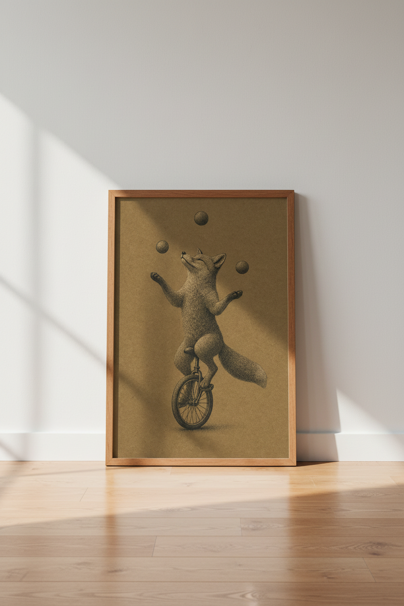 Juggling Fox on Unicycle Wall Art | Vintage Sepia Poster | Whimsical Nursery Decor