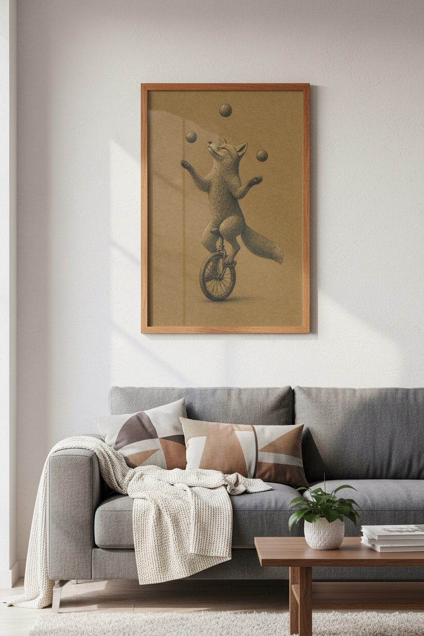 Juggling Fox on Unicycle Wall Art | Vintage Sepia Poster | Whimsical Nursery Decor