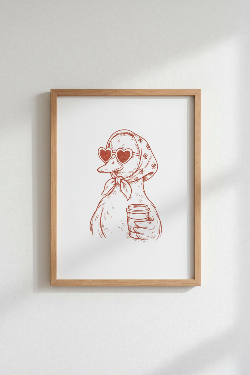 Duck with Coffee Wall Art | Trendy Retro Illustration, Kitchen &amp; Coffee Nook Decor