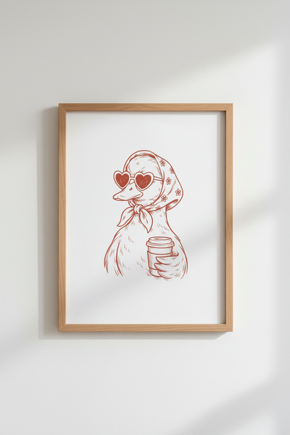 Duck with Coffee Wall Art | Trendy Retro Illustration, Kitchen &amp; Coffee Nook Decor
