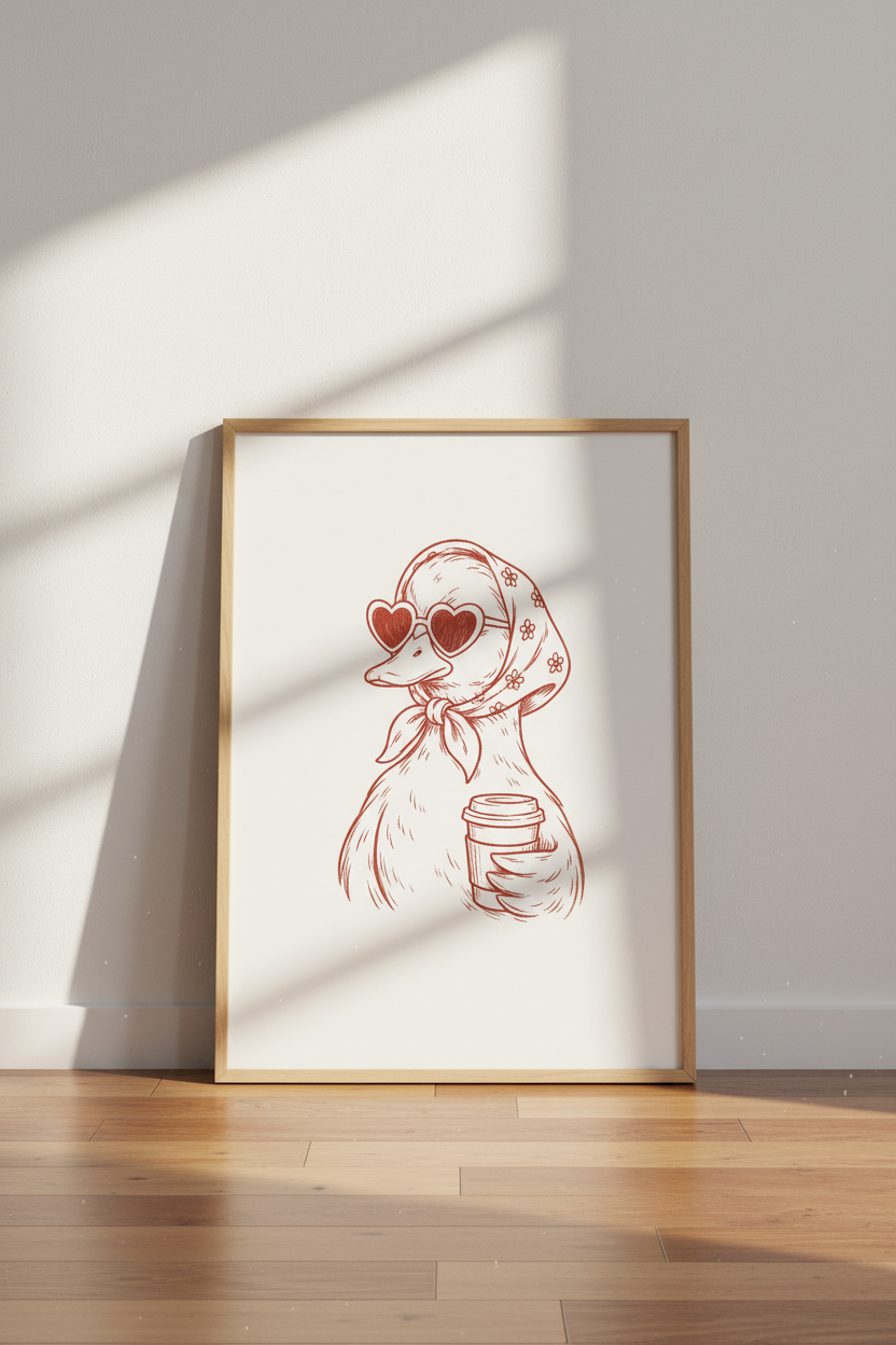 Duck with Coffee Wall Art | Trendy Retro Illustration, Kitchen &amp; Coffee Nook Decor