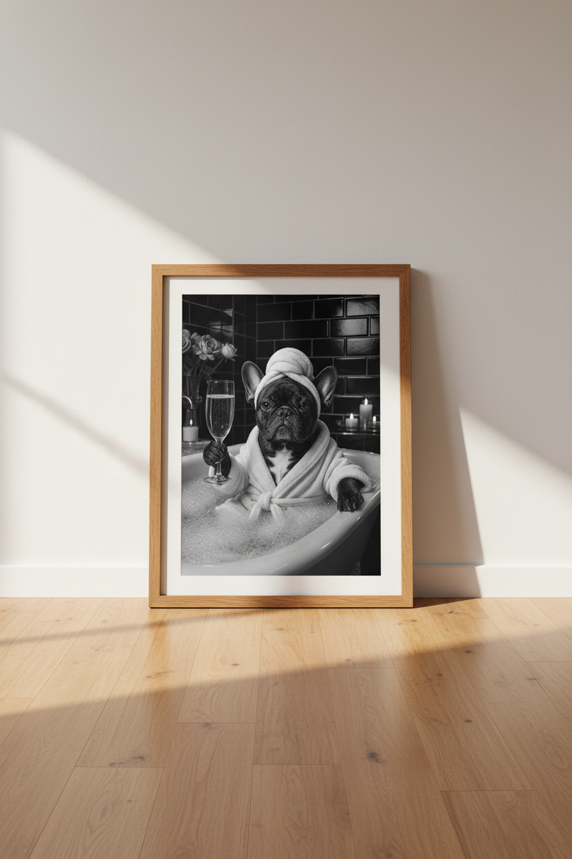 French Bulldog Bath Wall Art | Black and White Dog Poster, Bathroom Decor