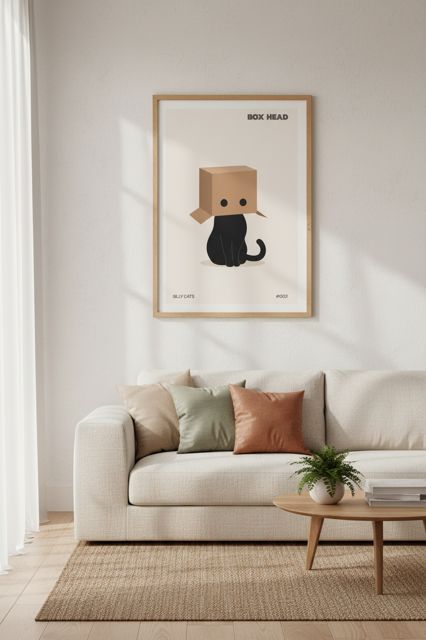 Black Cat Box Head Art Print | Modern Nursery Decor | Minimalist Funny Poster