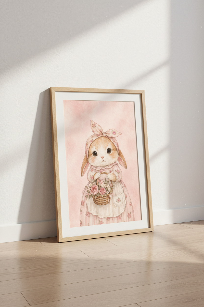 Watercolor Bunny Wall Art Print | Pink Nursery Decor | Pastel Aesthetic Poster