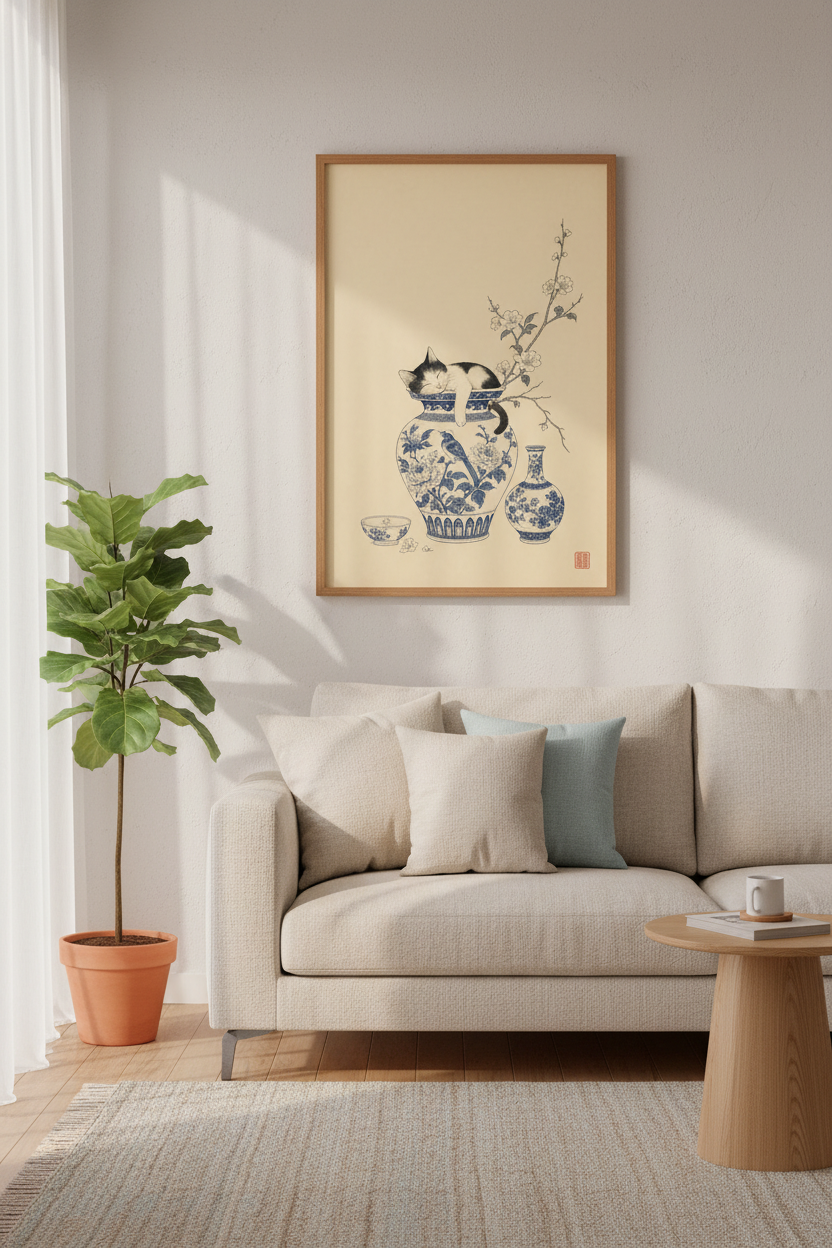 Sleeping Cat in Chinese Vase Wall Art | Blue and White Chinoiserie, Zen Home Decor Art
