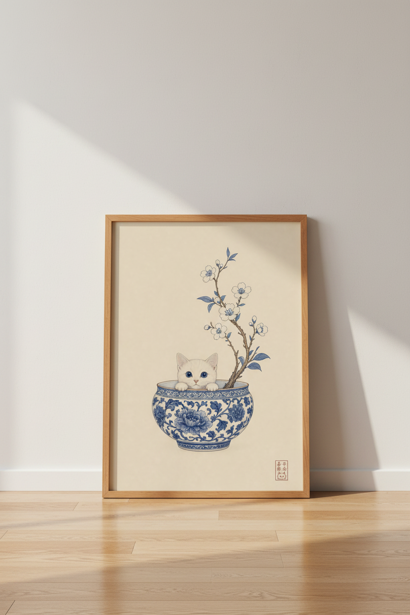 Japanese White Kitten Wall Art Print | Bonsai Bowl Decor | Zen Chinoiserie Poster